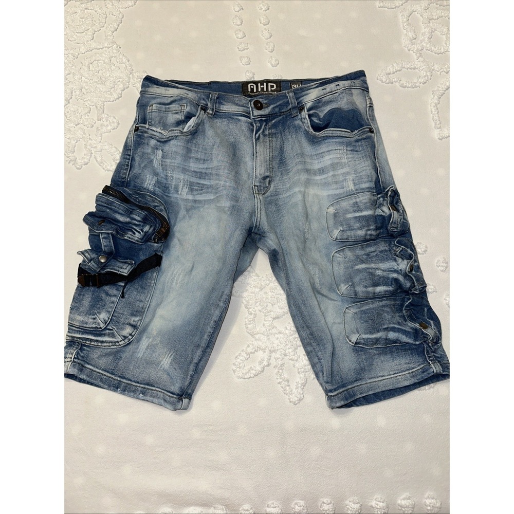 AHP Another Hype Piece Medium Wash Distressed denim Cargo Shorts Size 34